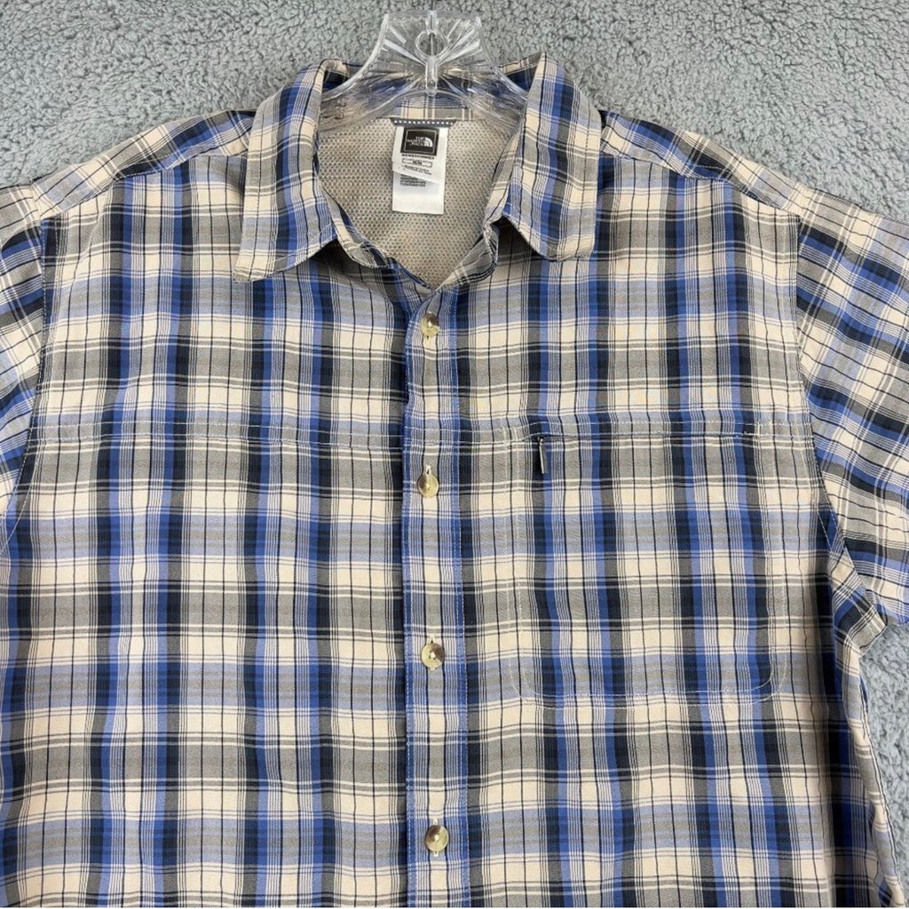 North Face Blue and Tan Plaid Short-Sleeve Button-Down Shirt