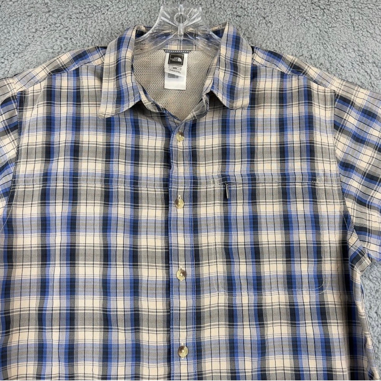 North Face Blue and Tan Plaid Short-Sleeve Button-Down Shirt