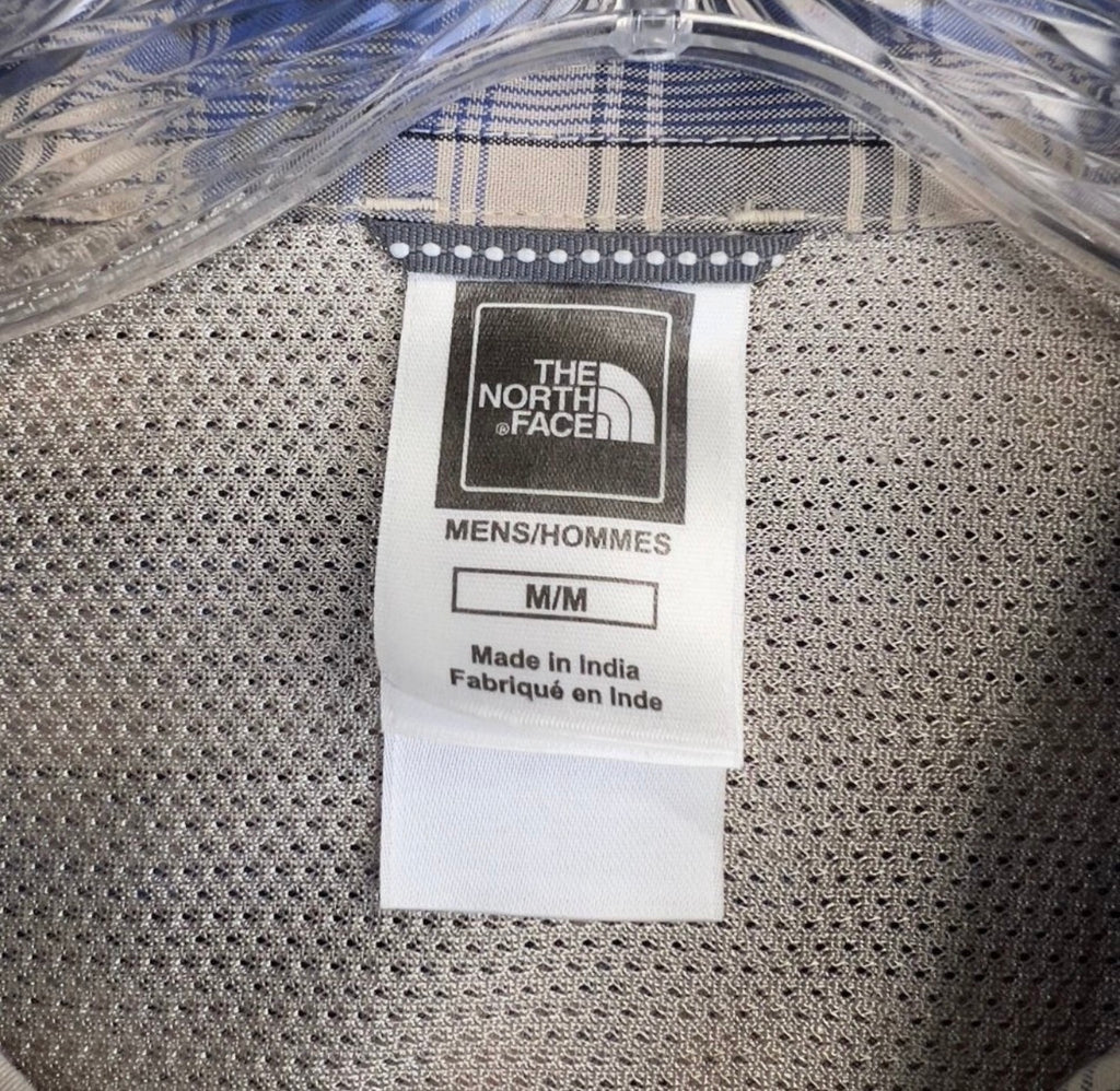 North Face Blue and Tan Plaid Short-Sleeve Button-Down Shirt